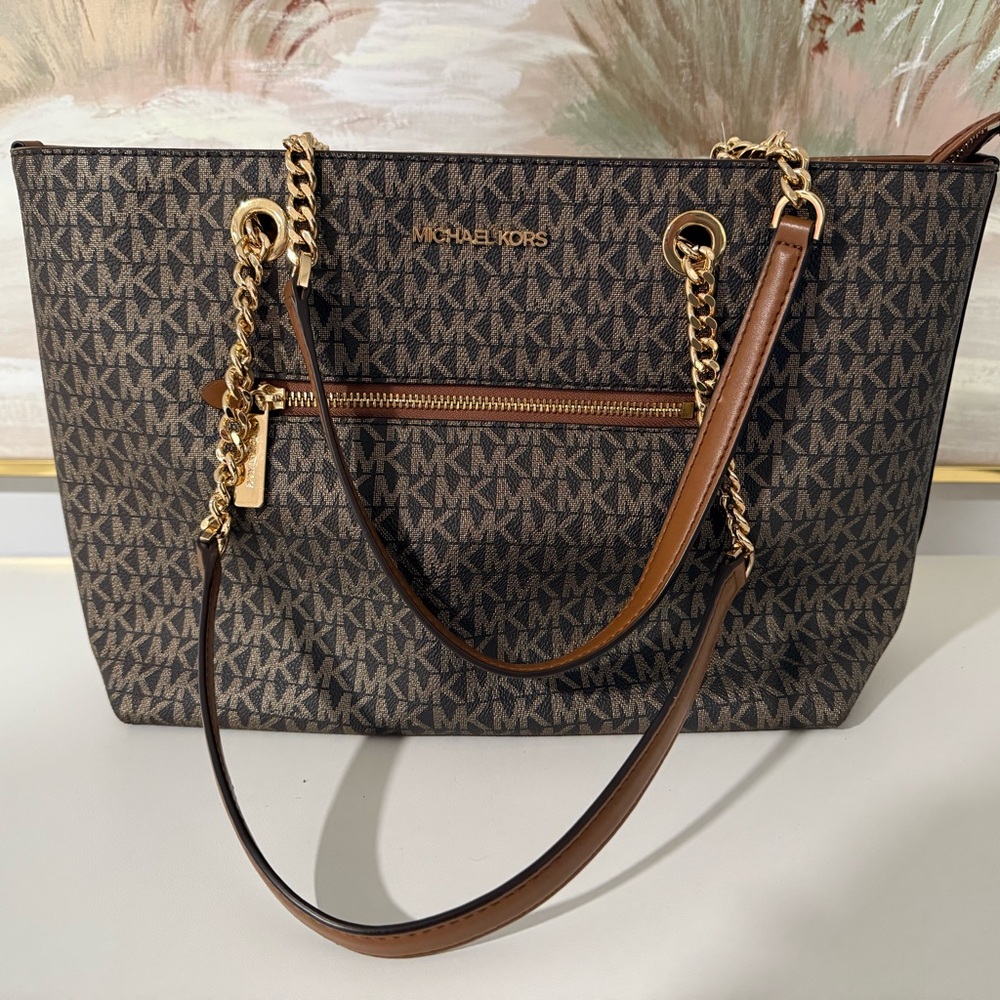 Michael Kors Dark Brown Signature Tote with Gold Accents